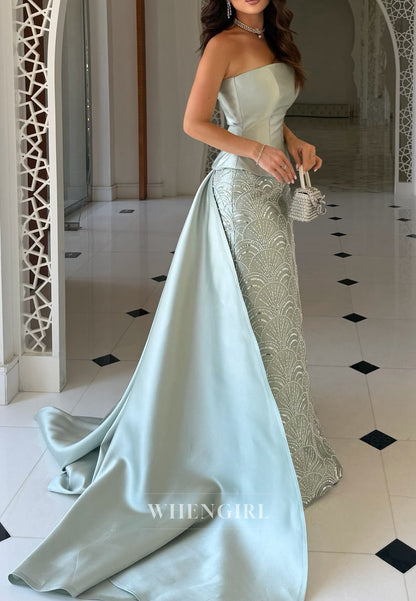 Strapless Satin Evening Gown with Sequin Skirt & Train
