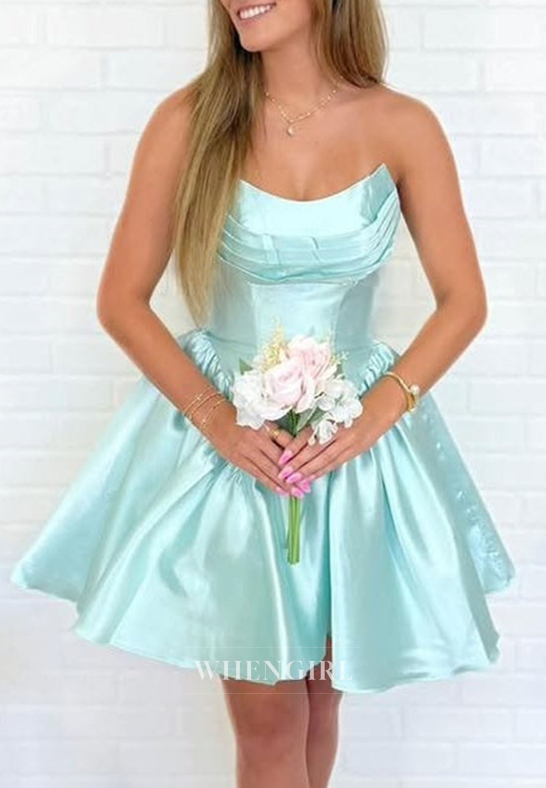 Strapless Pleated Satin A-Line Mini Dress