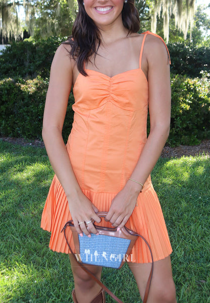 Pleated Drop-Waist Mini Dress with Tie-Strap Low Back