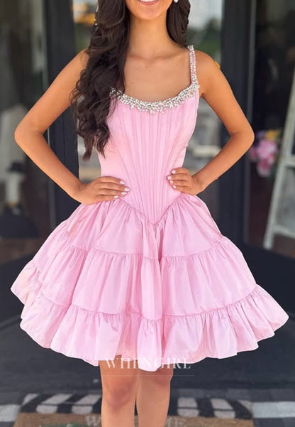 Tiered Ruffle Mini Dress with Crystal Square Neckline