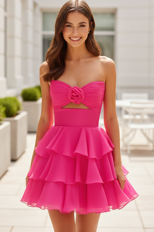 Strapless Tiered Ruffle Mini Dress with 3D Flower