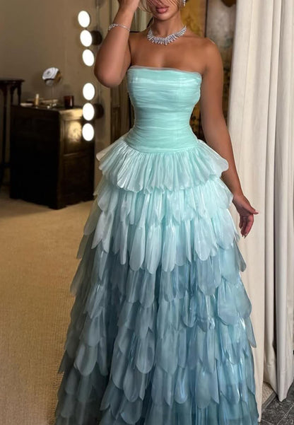 Strapless Ruched Bodice Tiered Petal Gown
