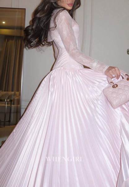 Pleated Maxi Dress with Lace Bodice and Sleeves