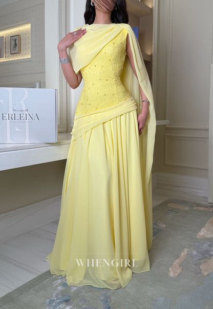 Beaded Bodice Evening Gown with Draped Shawl Cape