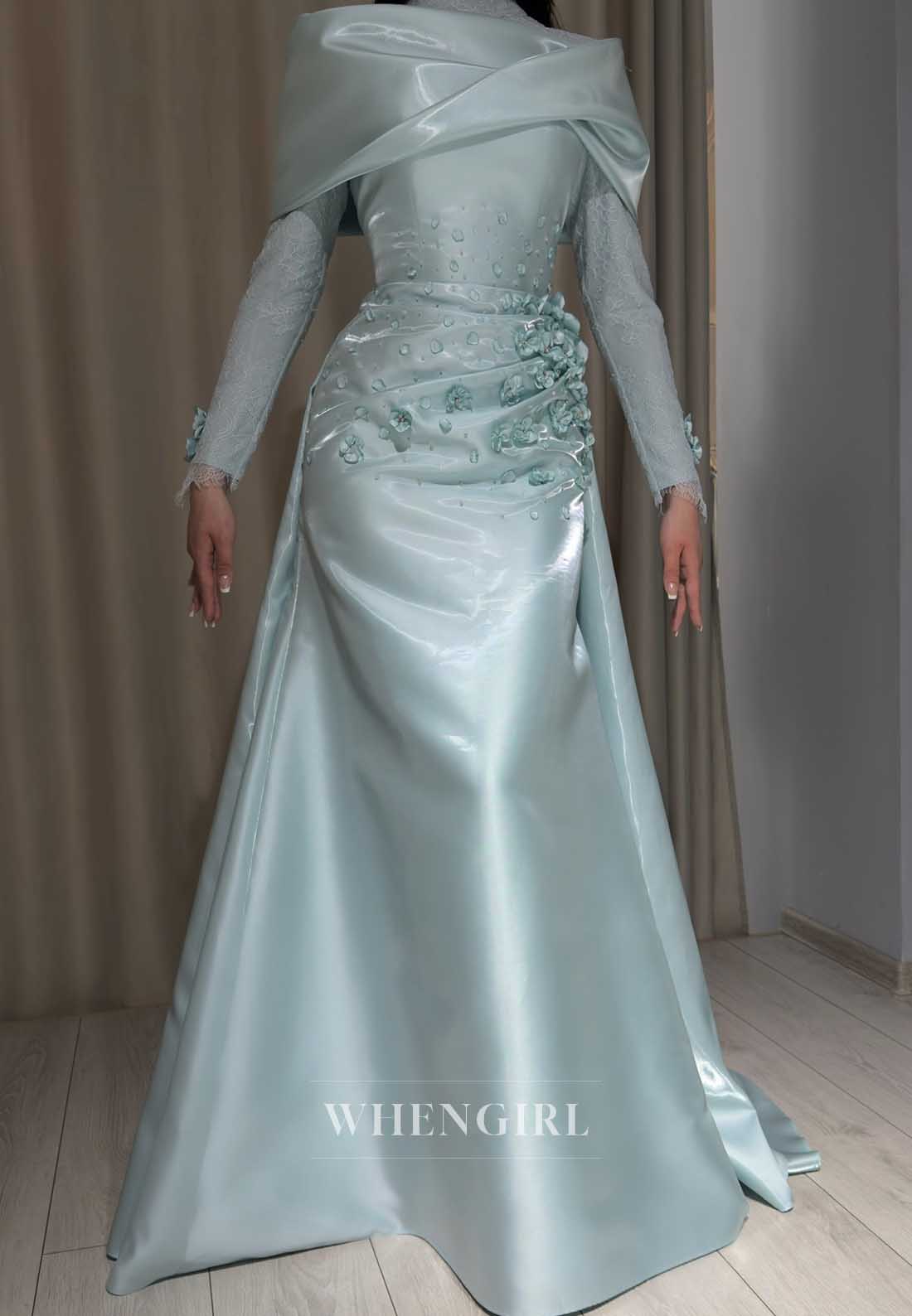 Long Sleeve Satin Formal Gown with 3D Flowers