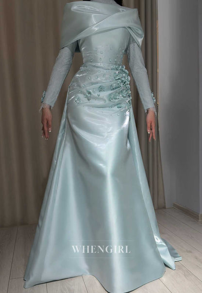 Long Sleeve Satin Formal Gown with 3D Flowers