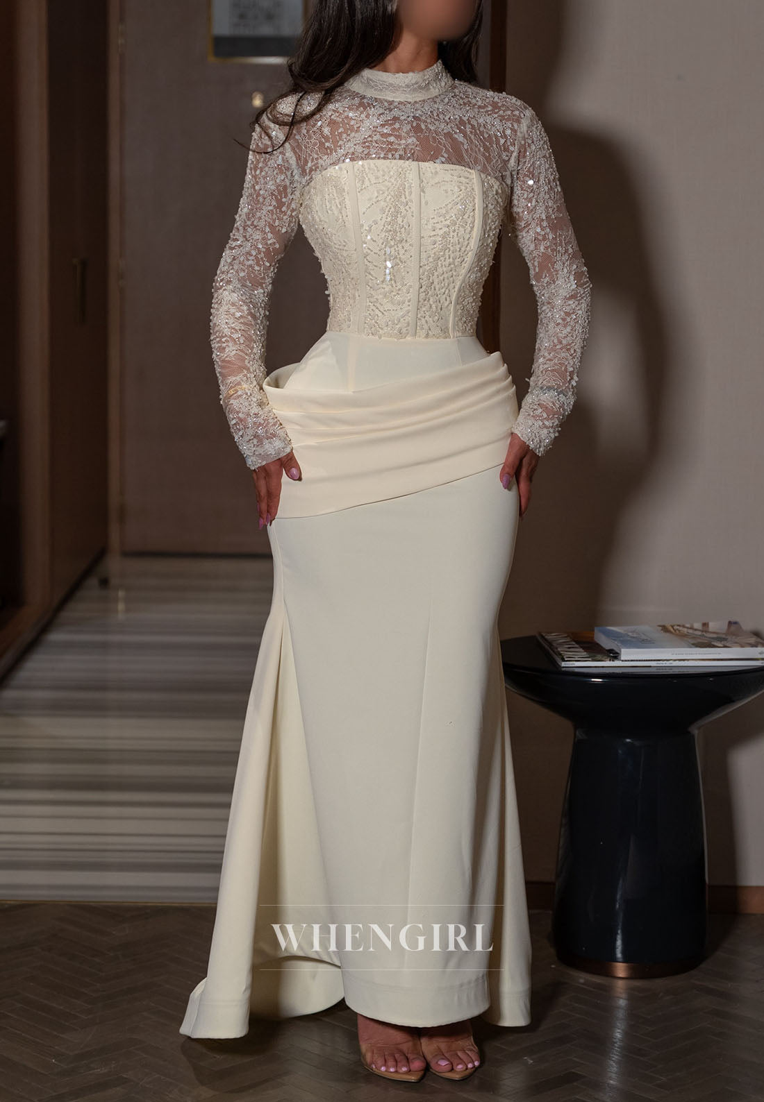 Corset Evening Gown with Beaded Lace Sleeves