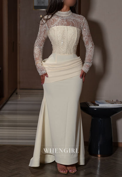 Corset Evening Gown with Beaded Lace Sleeves