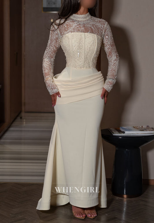 Corset Evening Gown with Beaded Lace Sleeves