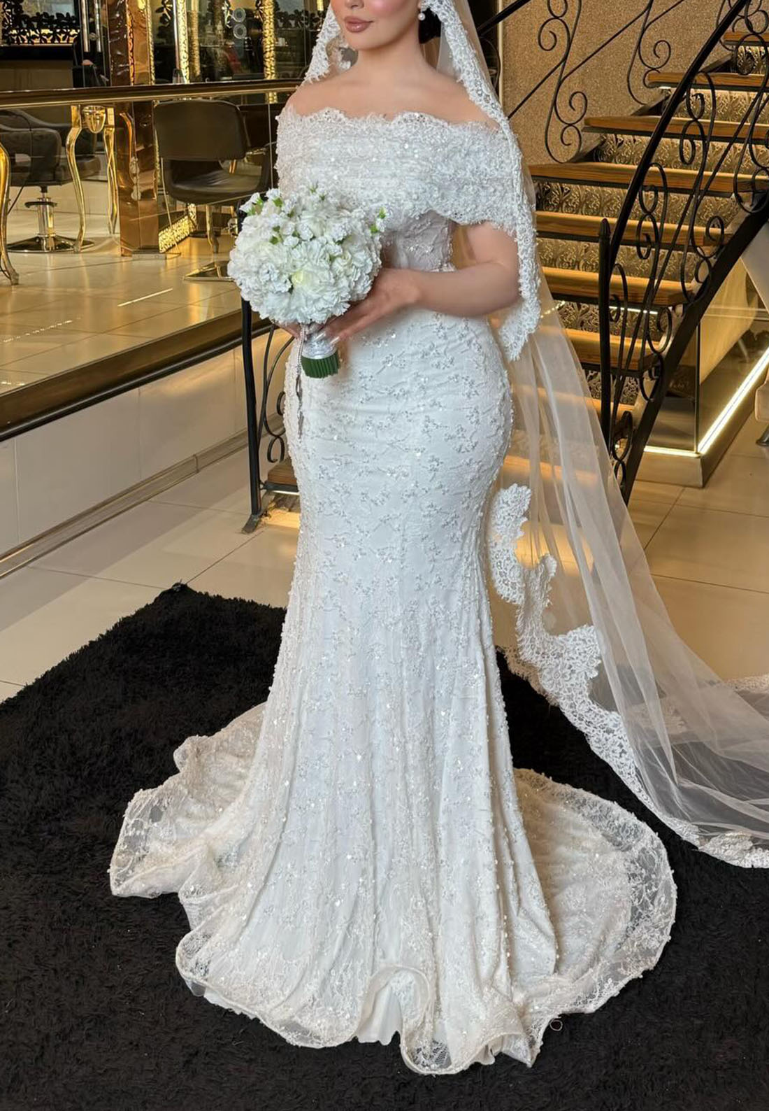 Off-the-Shoulder Beaded Mermaid Wedding Dress