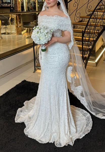 Off-the-Shoulder Beaded Mermaid Wedding Dress