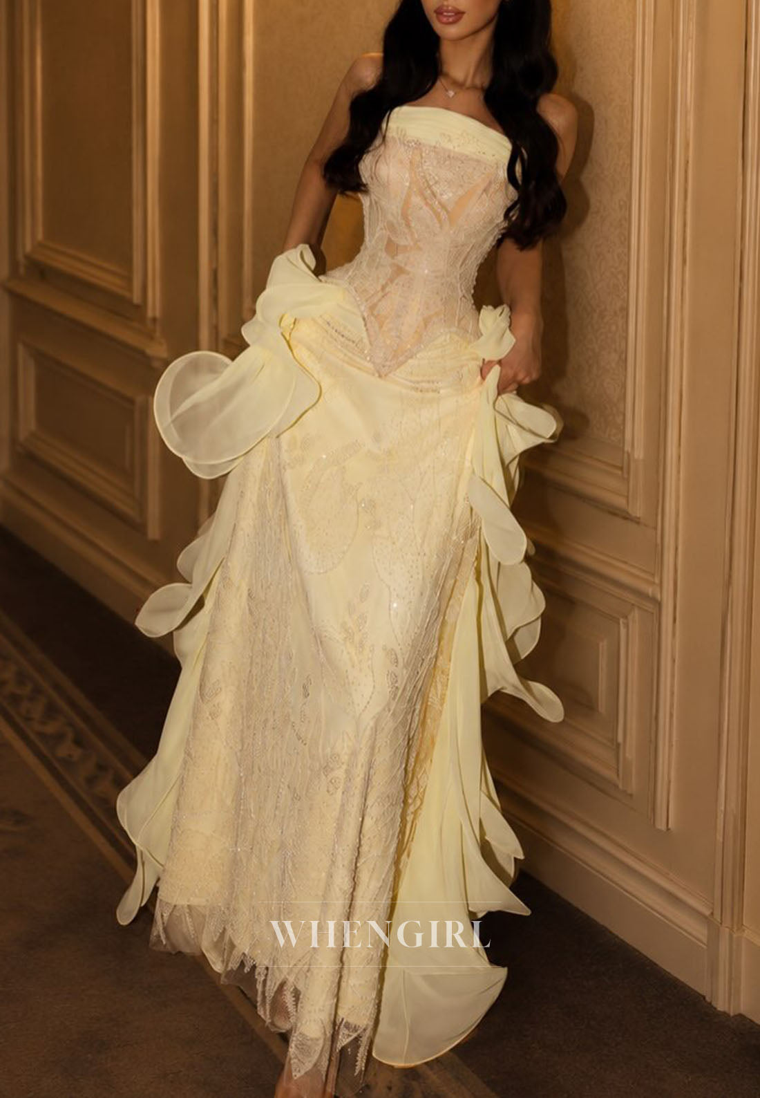 Strapless Lace Corset Gown with Organza Ruffles