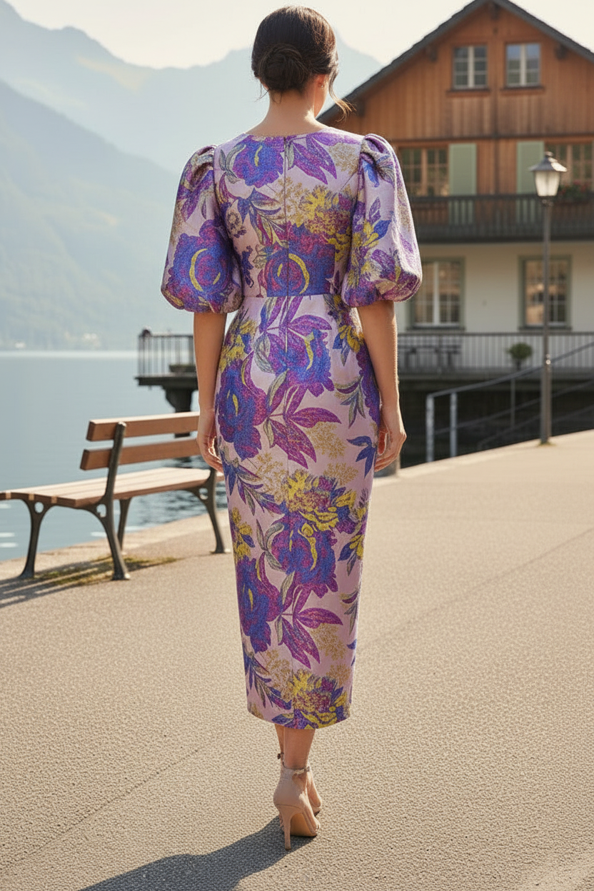 Floral Jacquard Midi Sheath Dress with Puff Sleeves