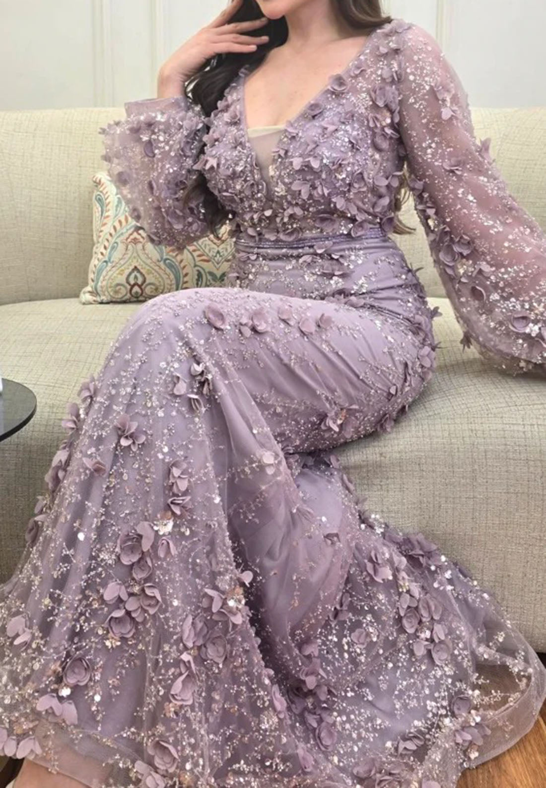 Sequin 3D Floral Long Sleeve Evening Gown