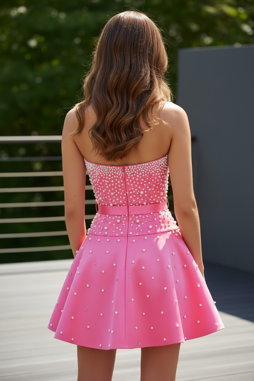 Strapless Pearl-Embellished A-Line Mini Dress