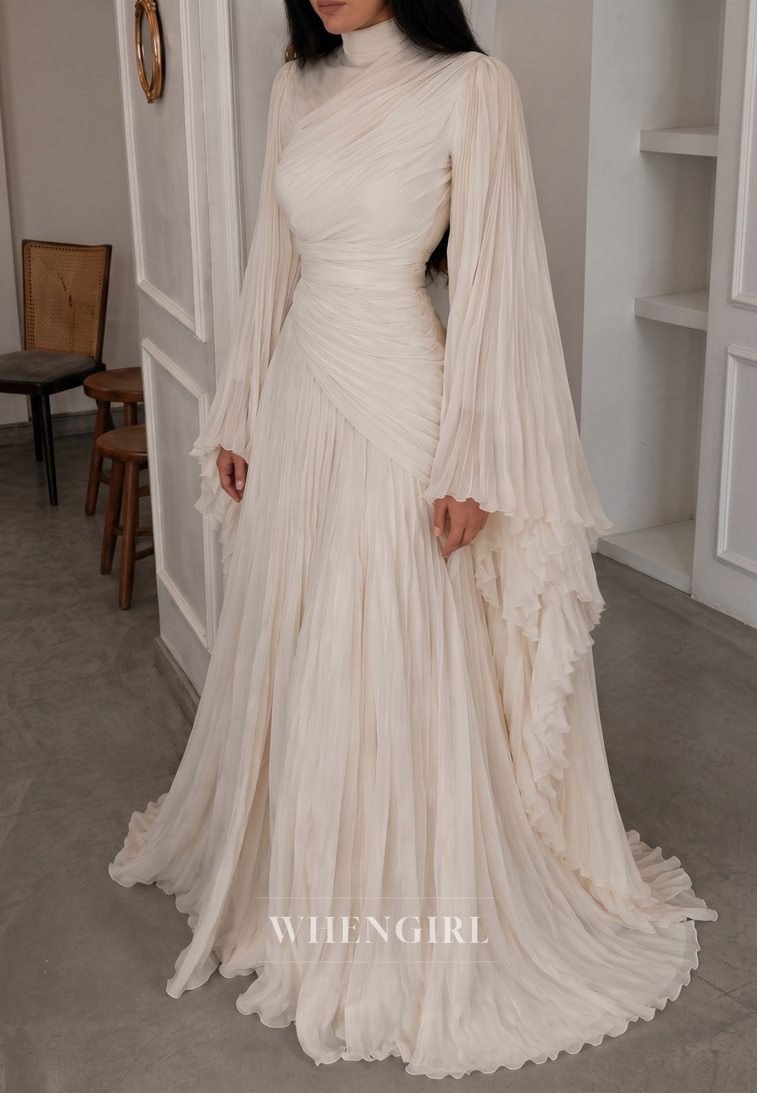 High Neck Pleated Gown with Cape Sleeves