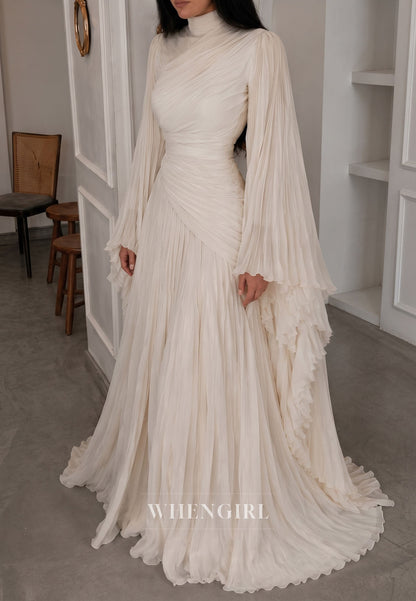 High Neck Pleated Gown with Cape Sleeves