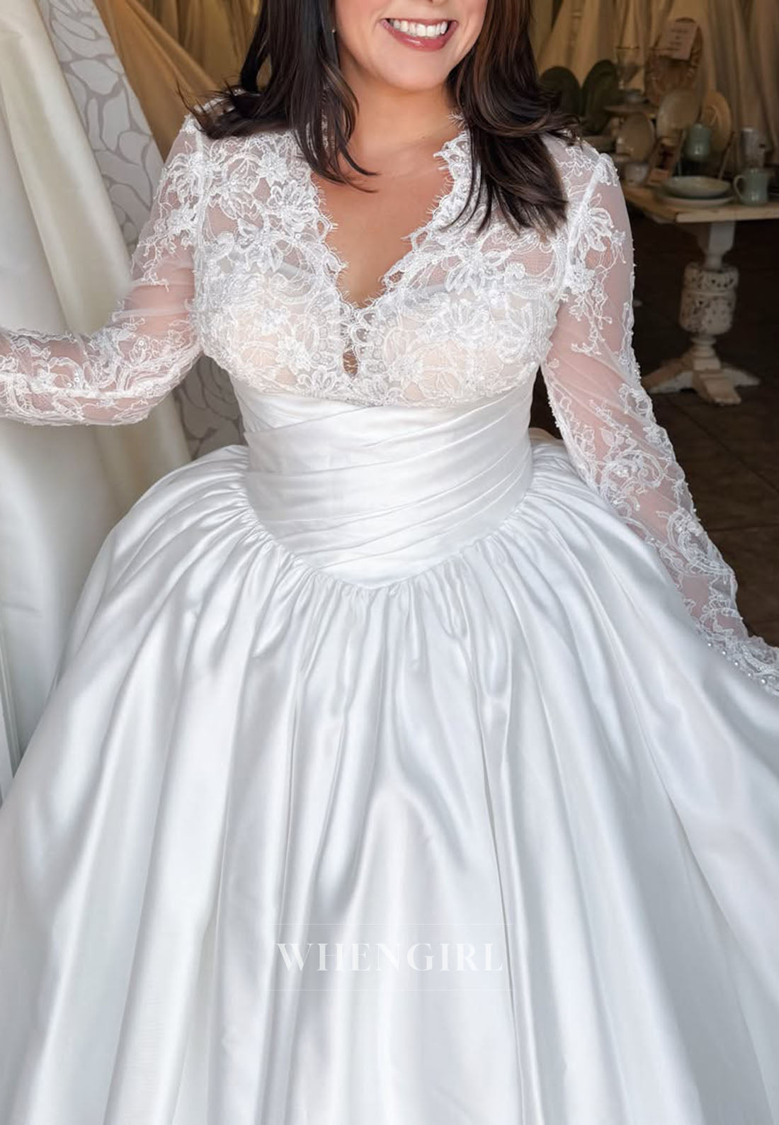 Lace Long Sleeve Ruched Satin Ball Gown Wedding Dress
