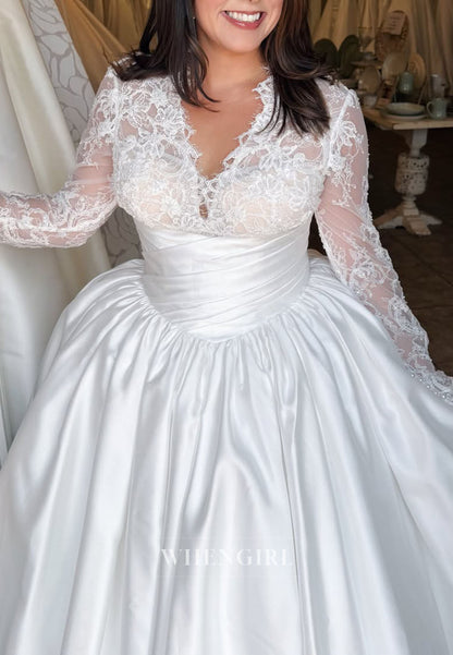 Lace Long Sleeve Ruched Satin Ball Gown Wedding Dress