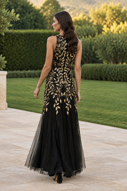 Embellished Halter Neck Tulle Maxi Gown