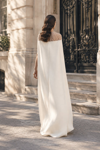 Beaded Illusion Cape Evening Gown
