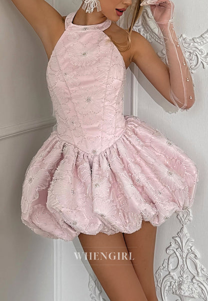 3D Floral Halter Mini Dress with Bubble Skirt