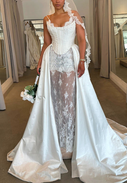 Corset Lace Sheath Wedding Dress with Overskirt