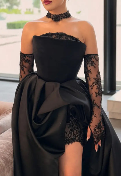 Strapless Draped Satin Gown with Lace Underskirt