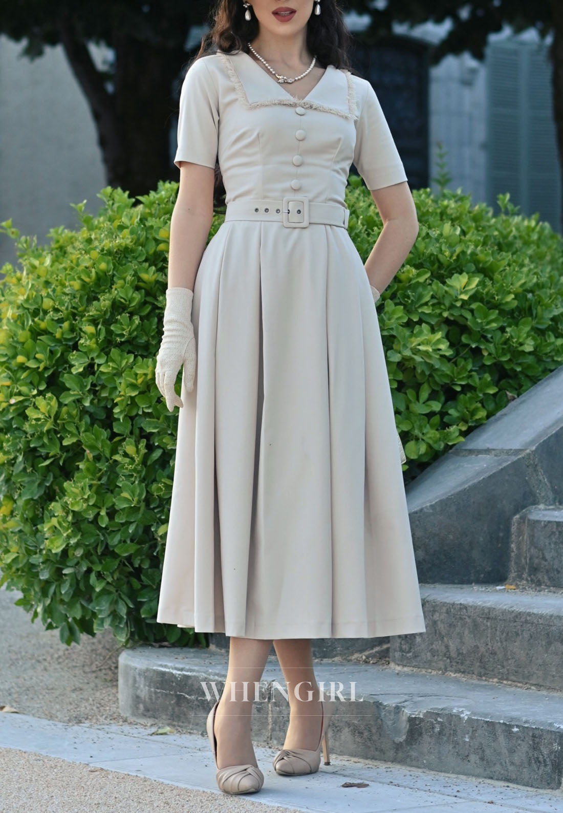 Collared Midi Dress with Pleated Skirt and Belt