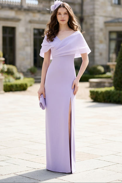 Draped Portrait Collar Column Gown with Front Slit