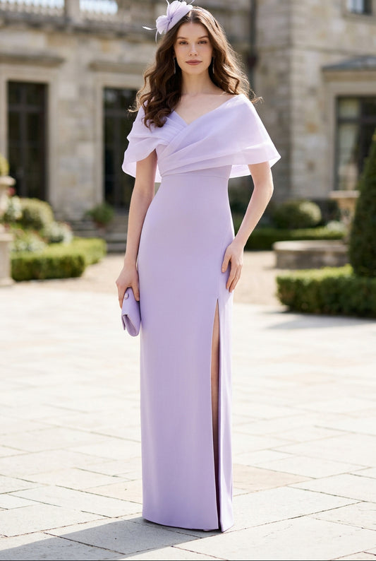 Draped Portrait Collar Column Gown with Front Slit