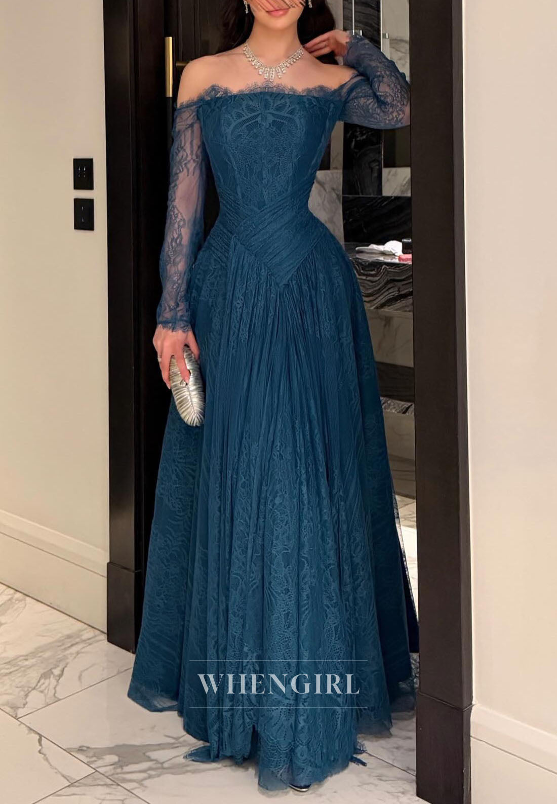 Off-the-Shoulder Lace Gown with Pleated Bodice