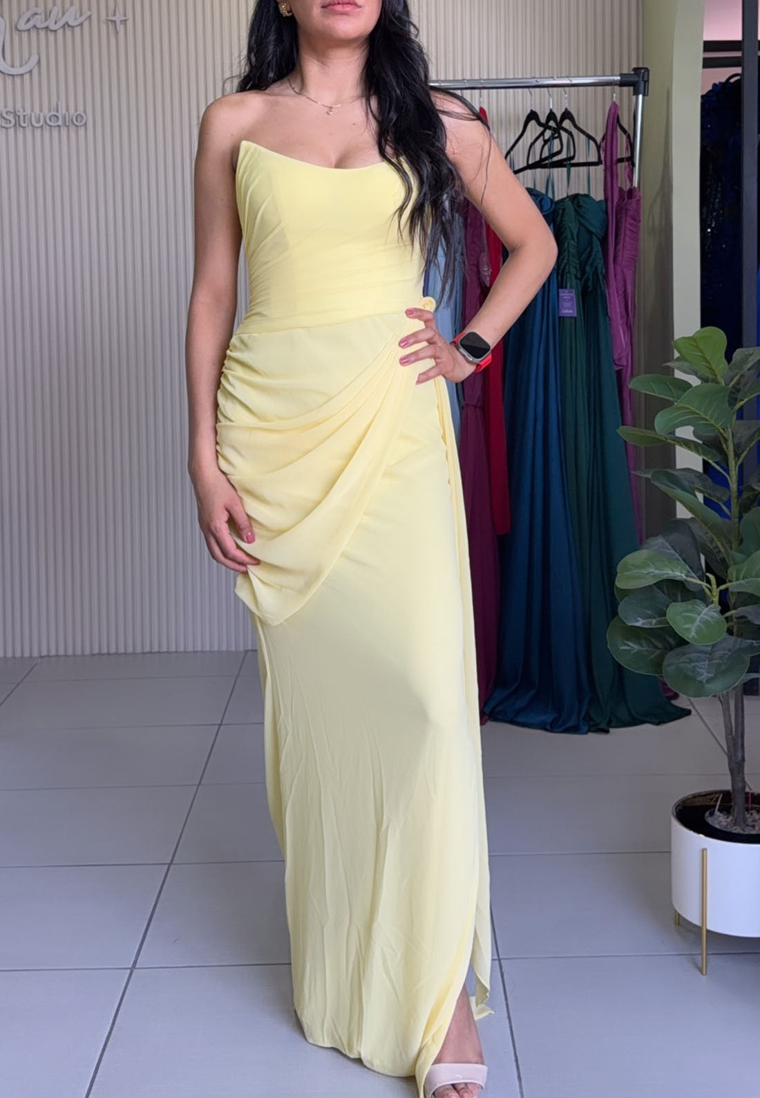 Strapless Ruched Maxi Dress with Lace-Up Back