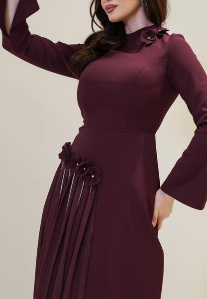 High Neck Maxi Dress with Pleated Inset & 3D Flowers