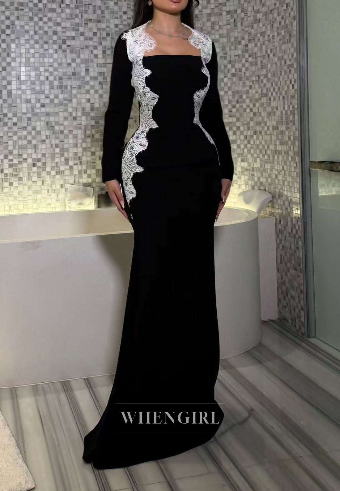 Lace-Trimmed Long Sleeve Maxi Evening Dress