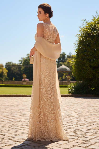 Illusion Neck Floral Lace Column Gown with Shawl