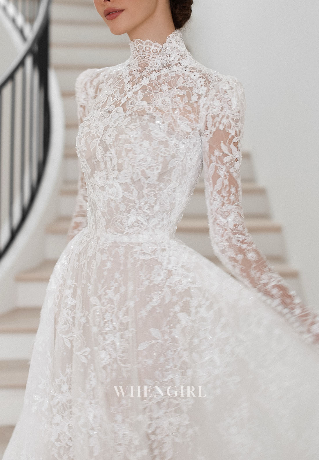 High Neck Lace Wedding Dress with Long Sleeves