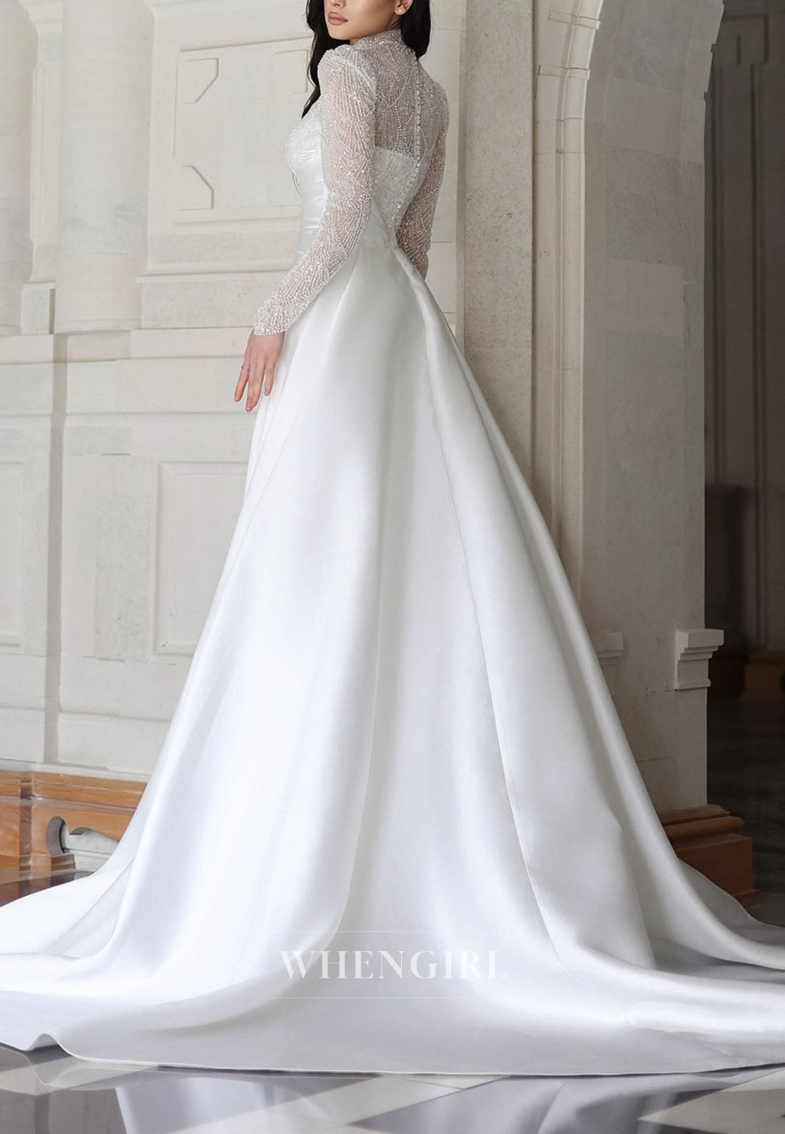 High-Neck Beaded Sheath Gown with Overskirt