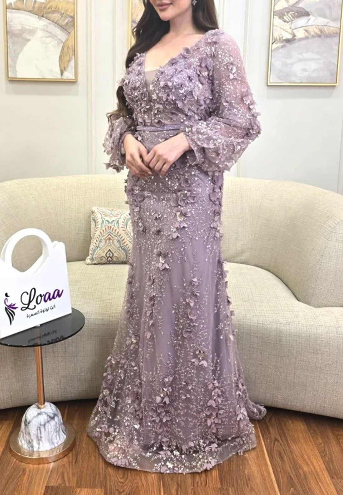 Sequin 3D Floral Long Sleeve Evening Gown
