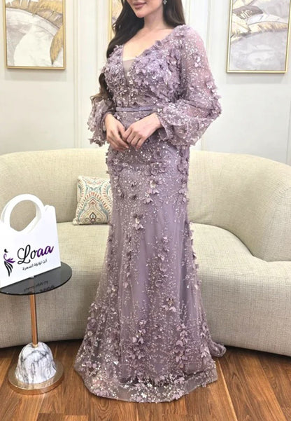 Sequin 3D Floral Long Sleeve Evening Gown