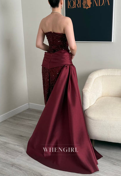 Strapless Sequin Column Gown with Satin Side Drape