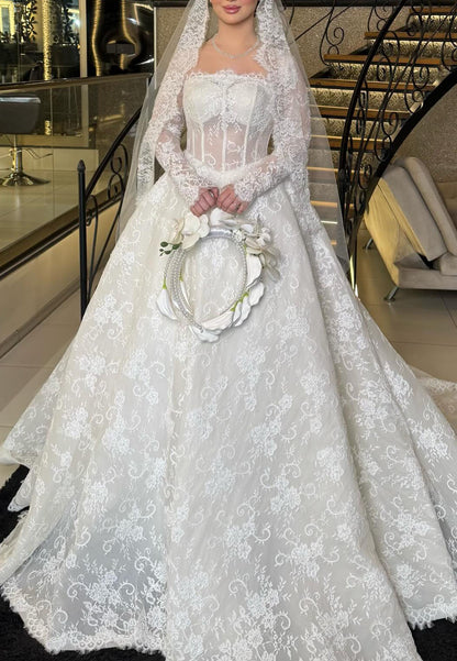 Lace Corset Ball Gown Wedding Dress with Sleeves
