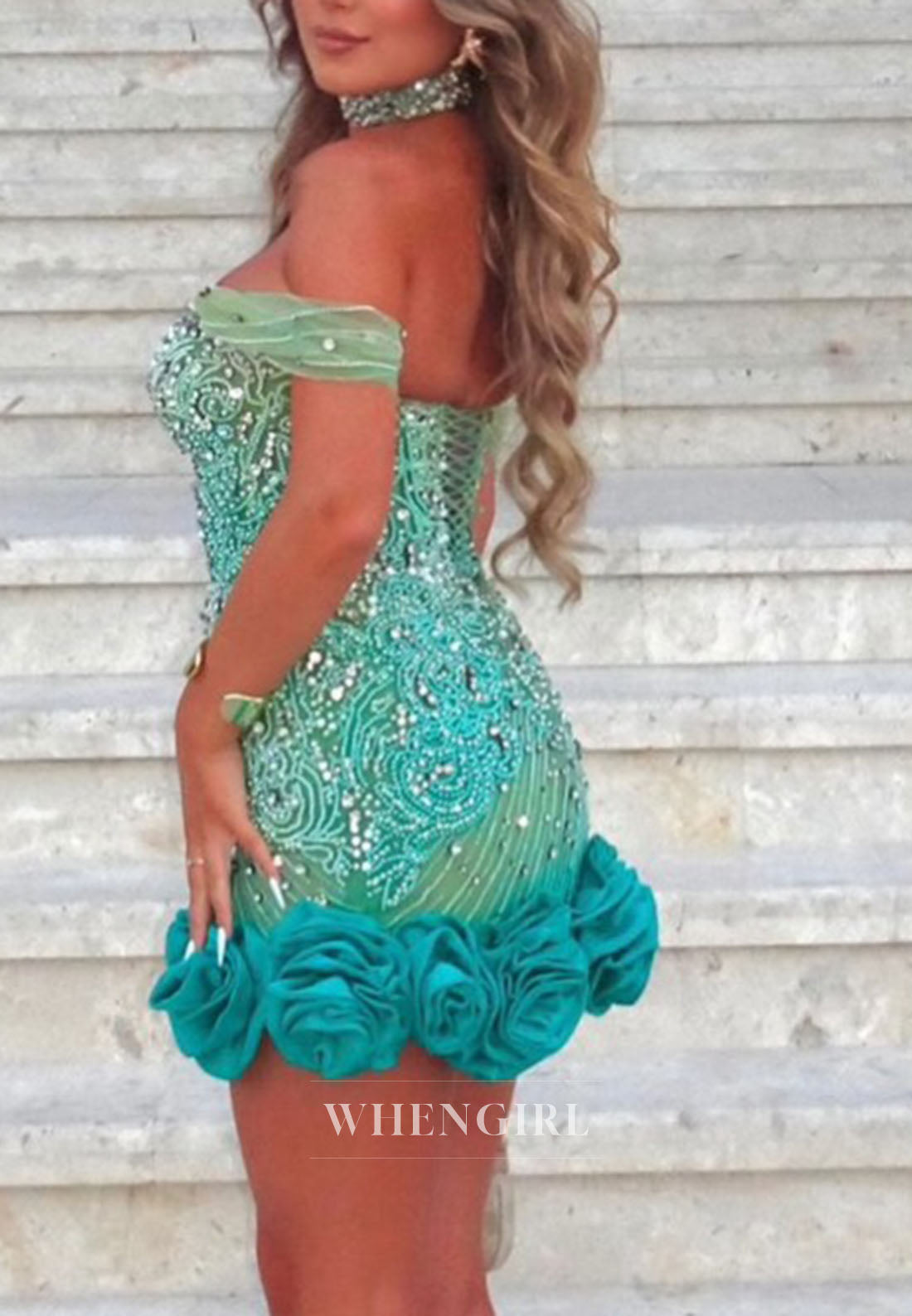 Beaded Off-the-Shoulder Floral Ruffle Mini Dress