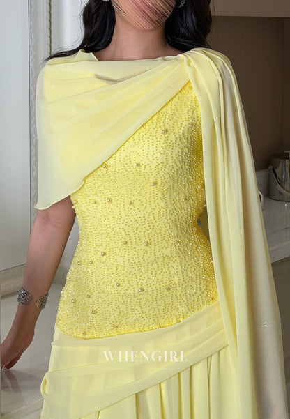 Beaded Bodice Evening Gown with Draped Shawl Cape