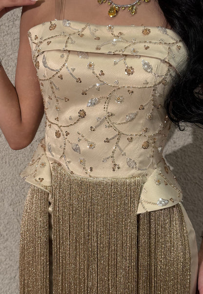 Embroidered Peplum Gown with Long Fringe Skirt