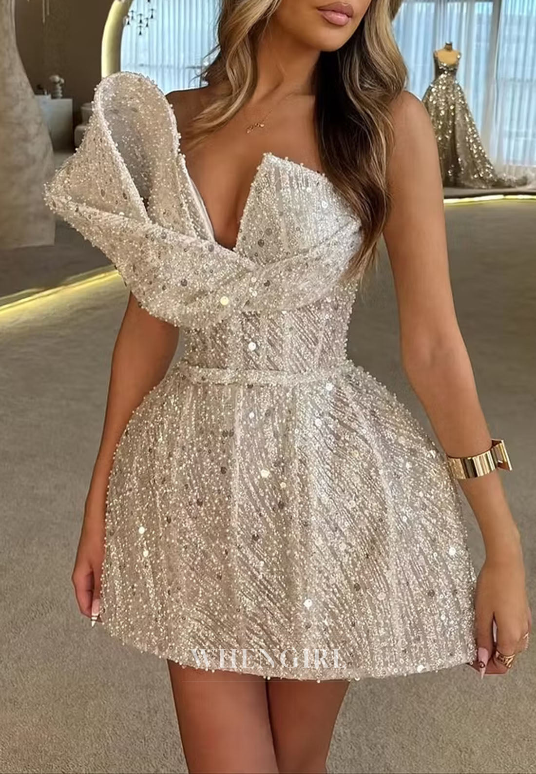 Asymmetrical One-Shoulder Beaded A-Line Mini Dress