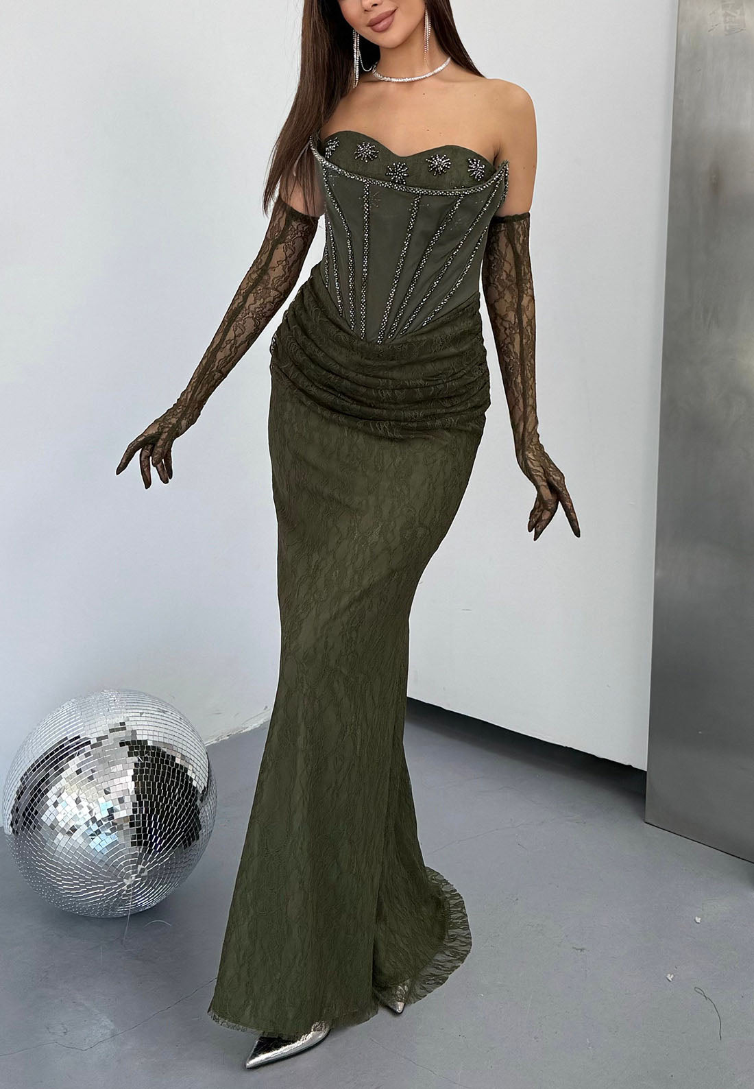 Corset Lace Evening Gown with Beaded Bodice
