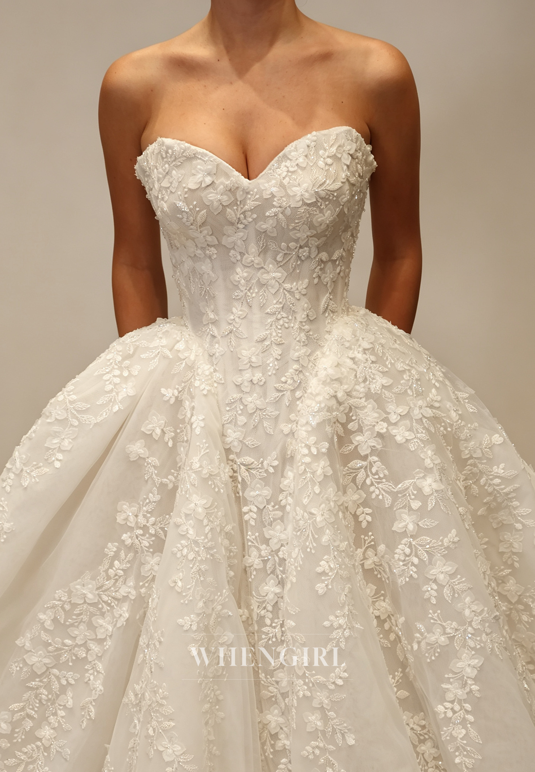 Strapless Floral Lace Applique Ball Gown Wedding Dress