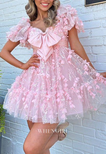 3D Floral Tulle Mini Dress with Front Bowknot