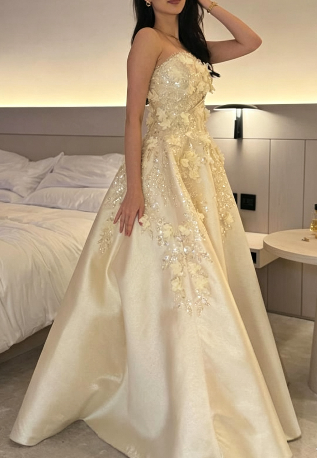 Floral Applique Ball Gown with Lace-Up Back